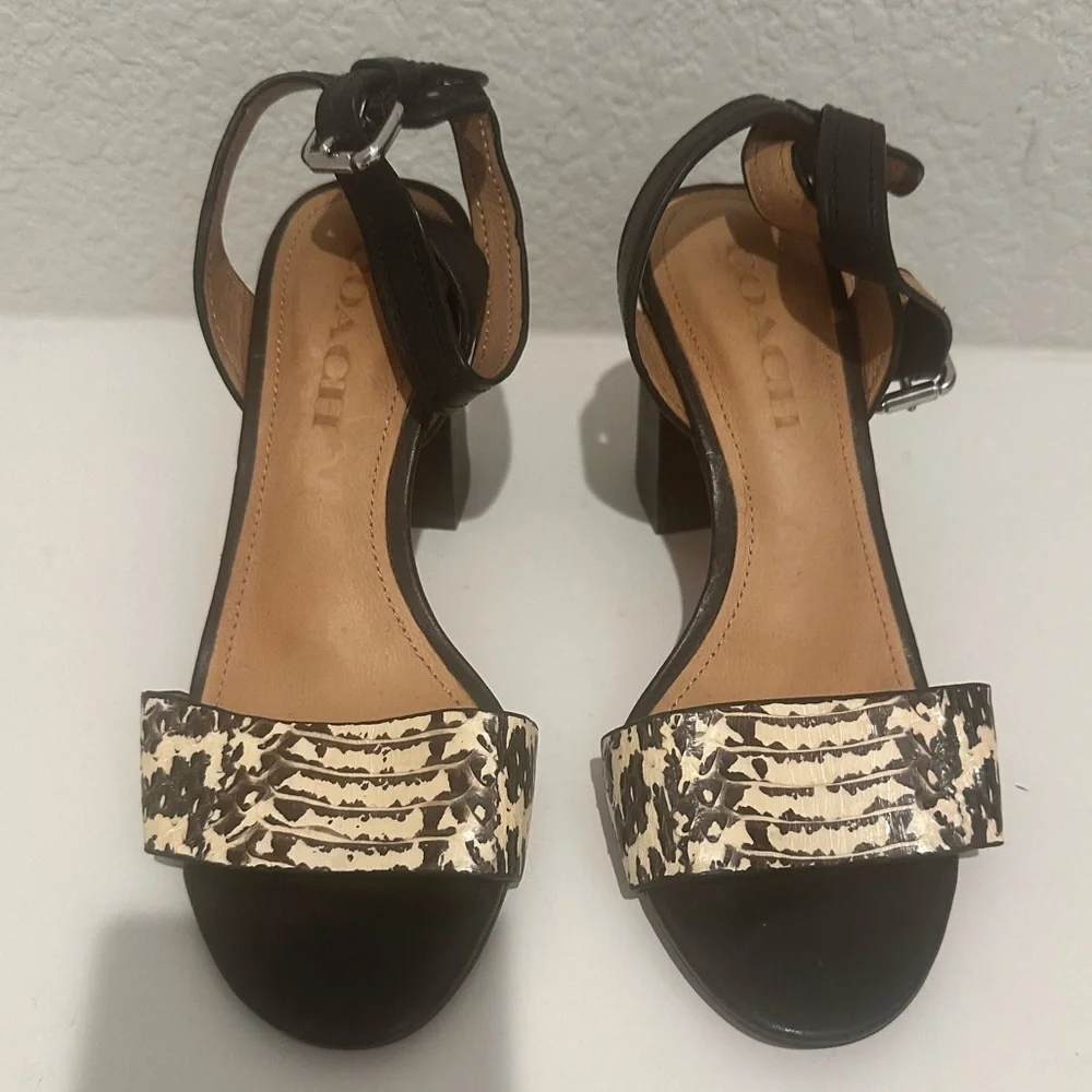 Coach Paige Leather and Black and White Snake Block Heel Sandals Size 5